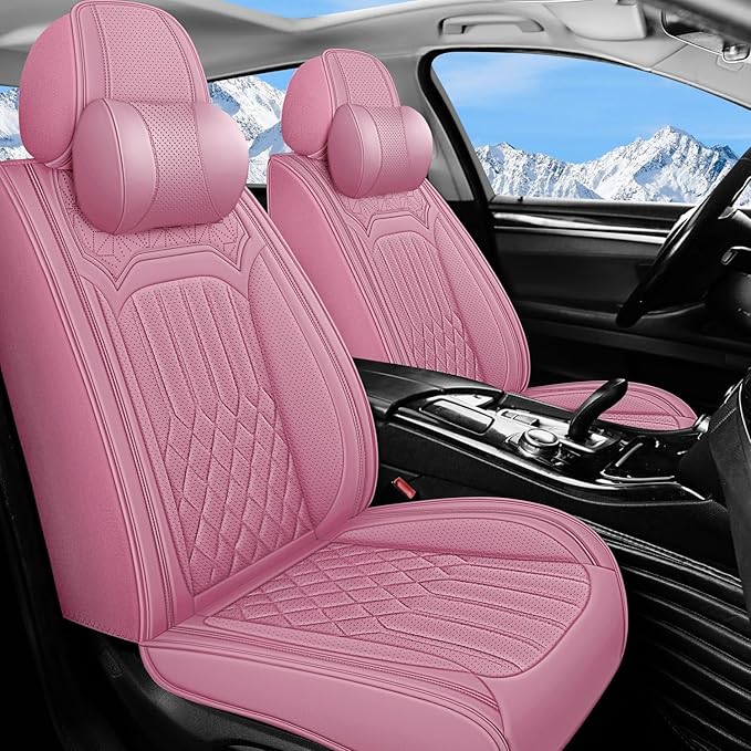 Car Seat Covers for Genesis GV70 2022-2025 2026, Full Set Nappa Leather Waterproof Breathable Anti-Slip Airbag Compatible Car Seats Protector, Car Interior Seats Cover (Pink,+Pillow)