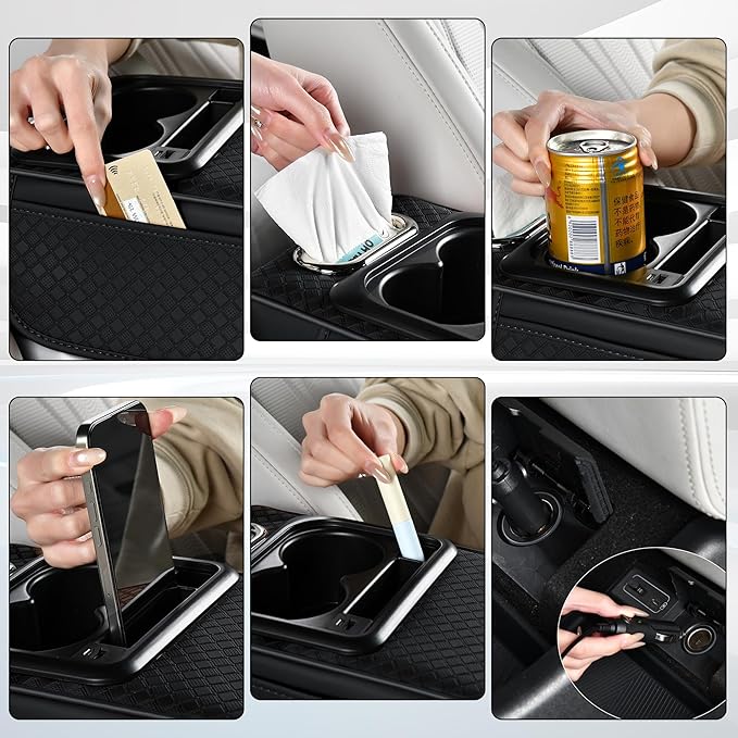 Car Armrest Box Mat - Multi-Functional Black Leather Center Console Cover Waterproof Height Enhancement Cushion with Storage Box Cup Tissue Phone Holder Card Pocket for Car Interior Accessory