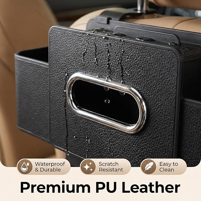 Backseat Car Organizer with Tissue, Multifunctional Car Back Seat Organizer with Cup Holders Tissue Box and Hook for Holding Phone, Snacks, Drinks and Handbag (Black)