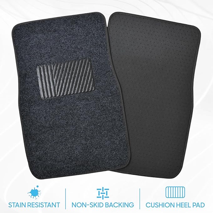 BDK Premium Dark Gray Carpet Floor Mats for Cars - Universal Fit Interior 4-Piece Car Mats Full Set with Vinyl Heel Pad Protector - Cute Car Accessories Interior Floor Covers for SUVs & Trucks