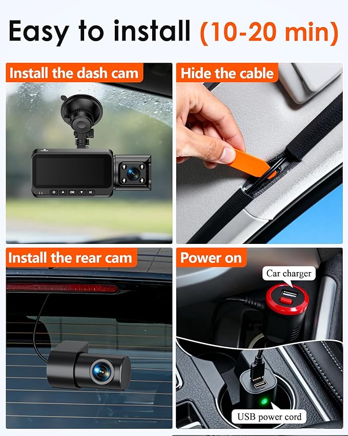 3-Channel Dash Cam 4K for Car: Front, Rear & Inside Dash Camera with 5.8G WiFi & GPS - 24H Parking Mode, 64GB Card for Rideshare Driver