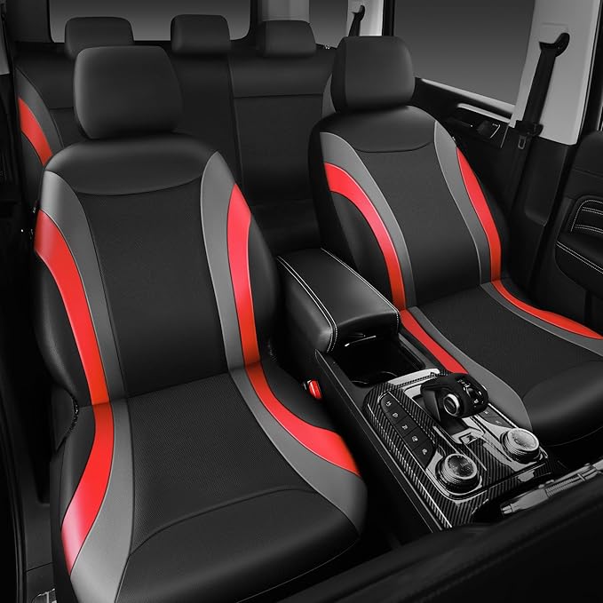 CAR PASS Leather Car Seat Covers Full Set with Waterproof Car Floor Mats,Airbag Compatible,Automotive Interior Covers for Cars Sedans,Trucks,Vans,SUV with Car Carpet Mats(Black and Red)