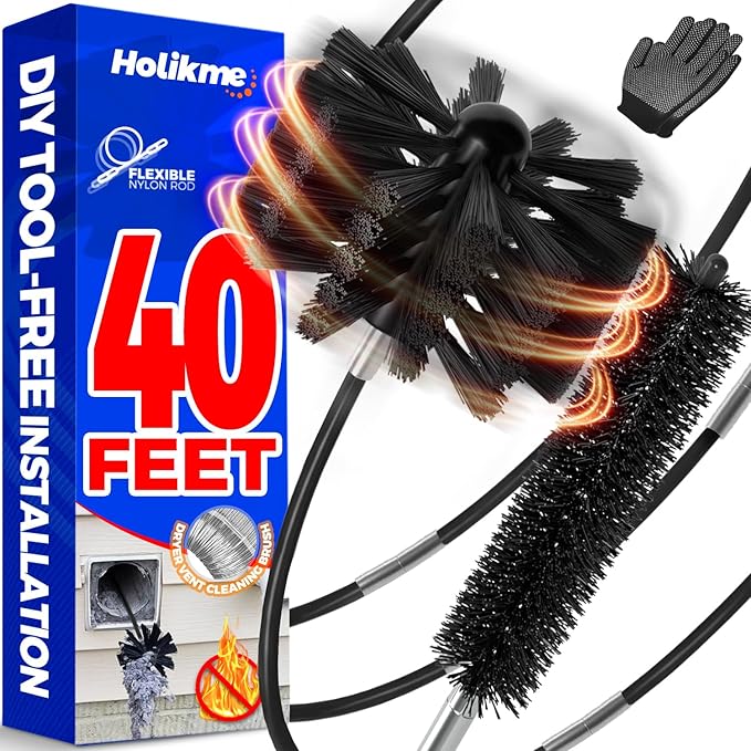 Holikme 40 Feet Dryer Vent Cleaner Kit, Flexible Lint Brush with Drill Attachment, Extends Up to 40 Feet for Easy Cleaning, Synthetic Brush Head, Use with or Without a Power Drill, Black