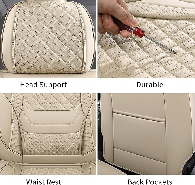 Chezope Leather Seat Covers, Beige Car Seat Covers Front Pair, Breathable Car Seat Protectors, Wear-Resistant Car Accessories, Universal Fit for Most Cars,SUVs Truck (Beige-Diamonds, Front Pair)