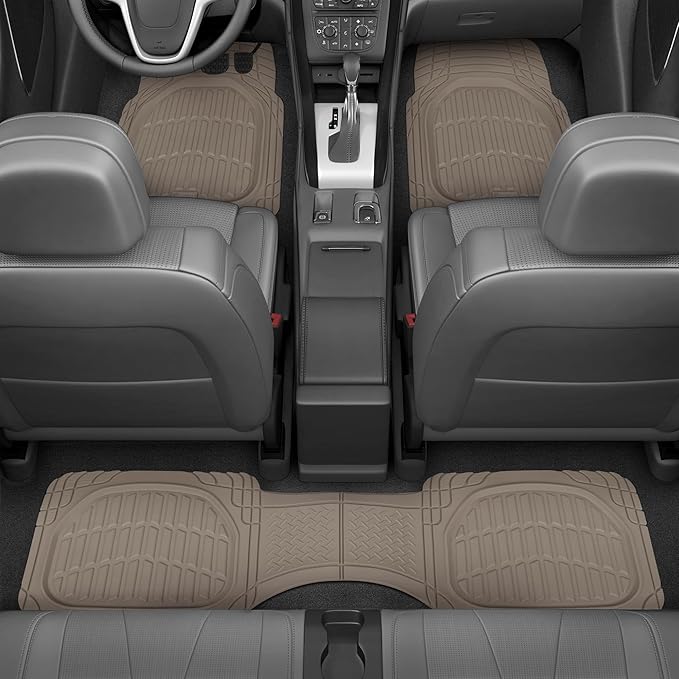 CARBELLA Heavy Duty Rubber 4-Piece Beige Car Floor Mats - Universal Trimmable All-Weather Car Accessories - Girl Car Accessories for Women & Cute Car Mats for Women for Girly Car Decor, Truck, & SUV