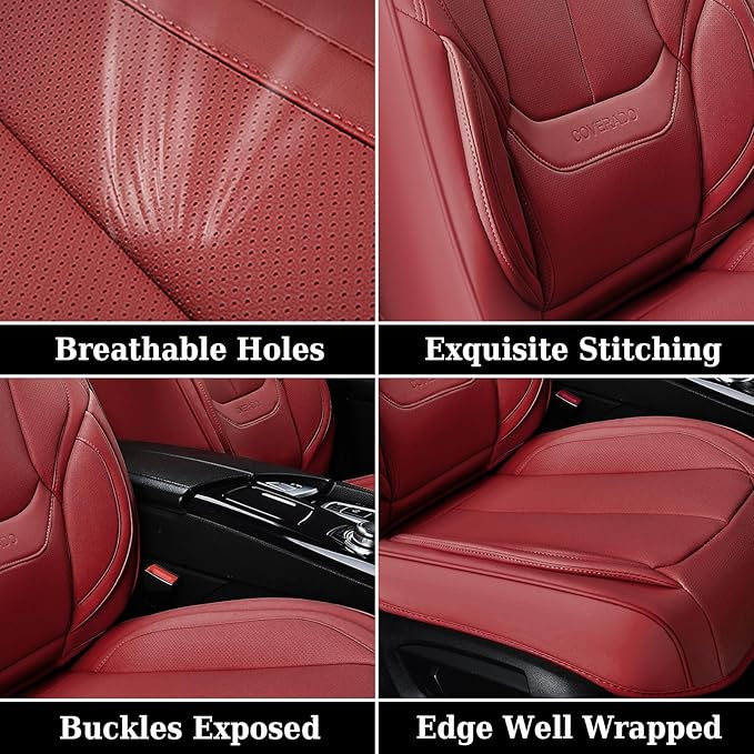 Coverado Universal Seat Covers Full Set, Universal Seat Covers for Cars, 5 Seats Waterproof Nappa Leather Car Seat Covers with Head Pillow, Auto Protectors Fit for Most Sedans SUV Pick-up Truck-Red