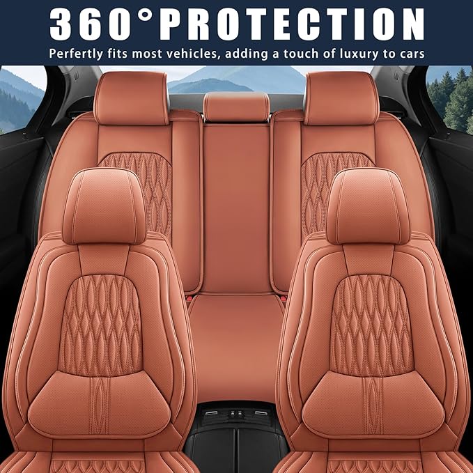 WELLDO Car Seat Covers Full Set, Leather Seat Covers for Car, Waterproof Car Seat Protector with Lumbar Support, Automotive Seat Covers Universal Fit for Most Cars SUV Truck, Brown