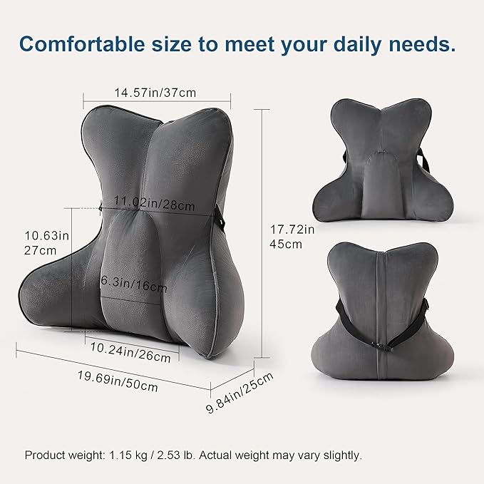 Lumbar Support Pillow (Pat. Pend) for Office Chair, Couch, Recliner & Car Seat, Ergonomic Back Support for Lower Back Comfort, with Adjustable Strap to Stay in Place, Steel Gray