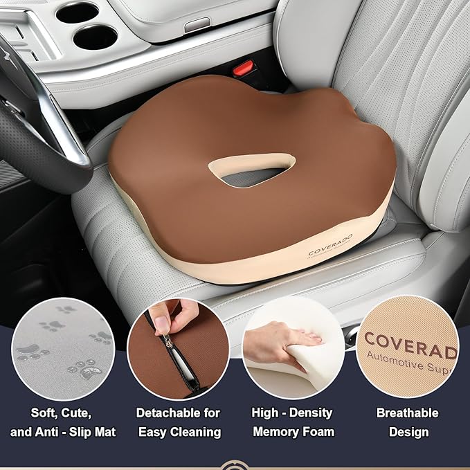 Coverado Seat Cushion Pillow for Car Office Chair, Ergonomic Memory Foam Desk Chair Cushion Back Support Pillow, Sciatica & Back & Tailbone Pain Relief Cushion