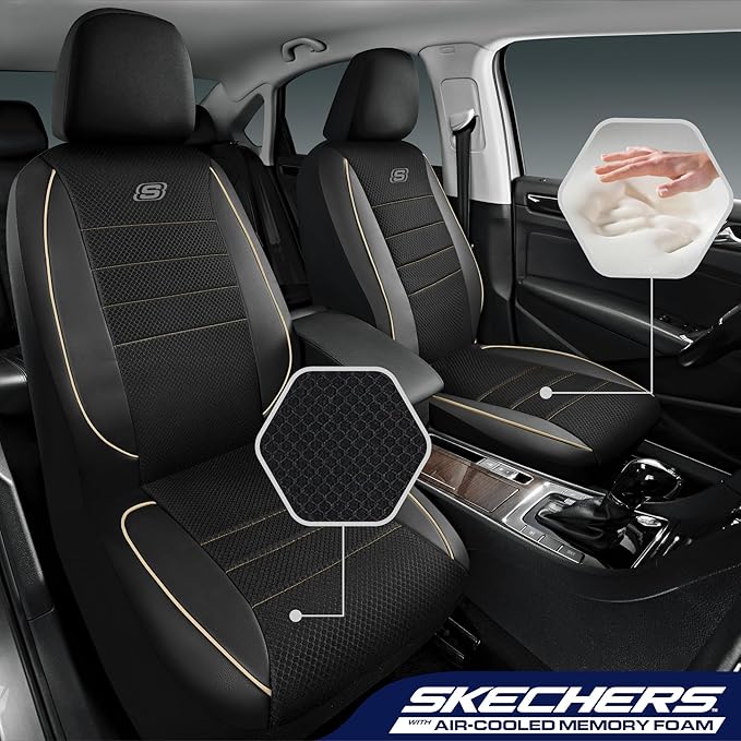 Skechers Air-Cooled Memory Foam Seat Cover, Mesh Thick Car Seat Covers,Piping Leather Car Seat Cover Full Sets,Airbag Compatible,Automotive Comfort Universal Fit Most Cars,Vans,Trucks,SUV,Beige