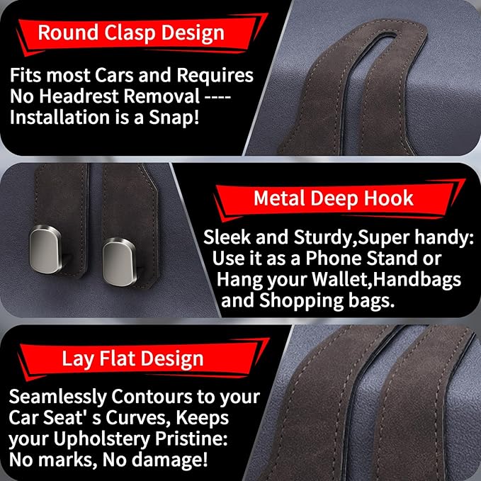 Car Seat Headrest Hooks for Purses and Bags, 4 Pack Bag Purse Holder for Car with Double Metal Hooks, Car Purse Hanger, Headrest Back Seat Handbags Hook Cute Hanging Accessories, Brown