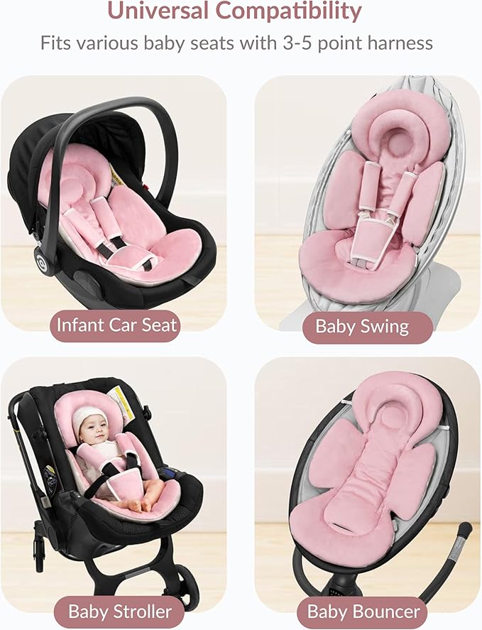 Infant Car Seat Insert with Extra Cushion for Preemie to Toddler, Reversible Newborn Carseat Insert for Baby Head Body Support, Fits for Stroller, Baby Swing, Bouncer (Pink)