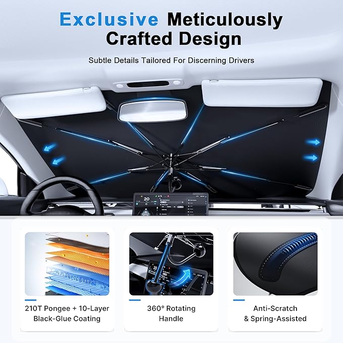 PEMOTech Sport&Compacts Car Accessories Umbrella Windshield Sun Shade | Quick-Install Reliable UV Blocker&Heat Shield | Versatile Car Window Shades | Keep Cool&Protect Interior | Medium(49"X25.6")