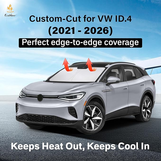 EcoNour Windshield Sun Shade Compatible for Volkswagen VW ID.4 2021–2026 | Custom Fit EV Front Window Sunshade | Foldable Heat & UV Reflective Sun Visor