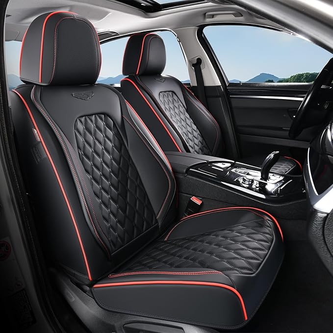 Coverado Front Seat Covers, Wear-Resistant Stain-Proof Cushions, Universal Fit for Most Vehicles, Waterproof Car Seat Protectors, Automotive Seat Covers-Red & Black Line Design