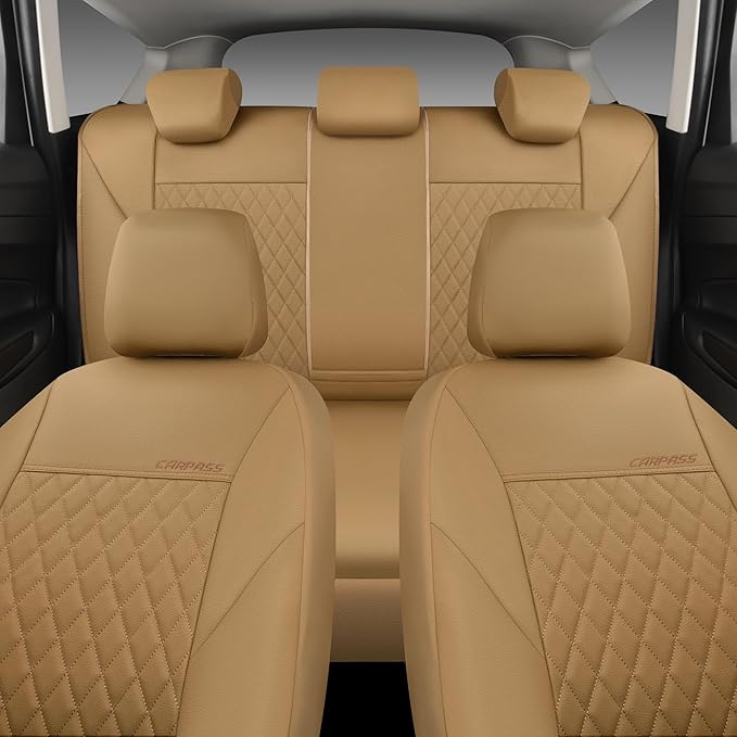 CAR PASS Faux Leather Seat Covers Full Set, Quilting Waterproof Premium Automotive Seat Cover with 5mm Composite Sponge Inside,Airbag Compatible, Universal for Most Cars Sedan SUV Truck, All Beige