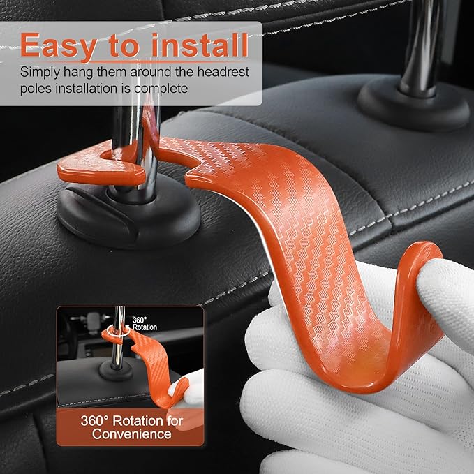 LivTee Car Purse Hook, 4 Pack Universal Auto Seat Headrest Hook Hangers Organizer for Coats, Umbrellas, Groceries - Carbon Fiber Orange
