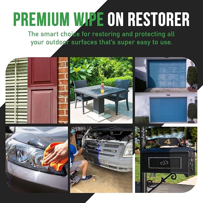 Wipe On | Advanced Color Restorer & Protectant for Faded Shutters | Plastic Car Trim | Patio Furniture & Outdoor Surfaces | Rejuvenate & Restore Vibrant Color to Weathered Items Easily