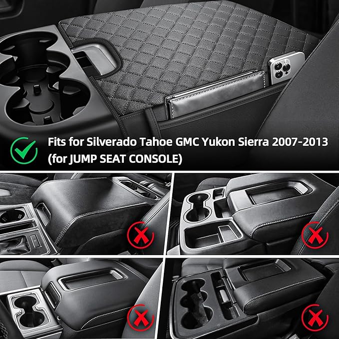 Center Console Cover Fit for 2007-2013 Silverado Tahoe Sierra Yukon Suburban Avalanche Jump Seat, Car Armrest Cushion, Middle Console Cover for Trucks, Arm Rest Pad with 2 Side Pockets