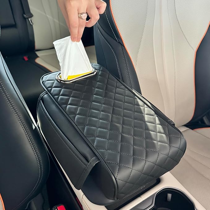 Upgraded Multi-Functional Car Center Console Cover, PU Leather Armrest Pad Cushion with Memory Foam Cushion, 2 Storage Pockets, Tissue Box Hole for Sedan Vehicles, 7 Colors (Black)