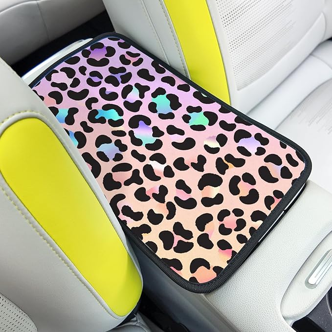 Pink Gradient Leopard Auto Center Console Pad,Car Armrest Pad Car Armrest Seat Box Cover Protector for Most Cars