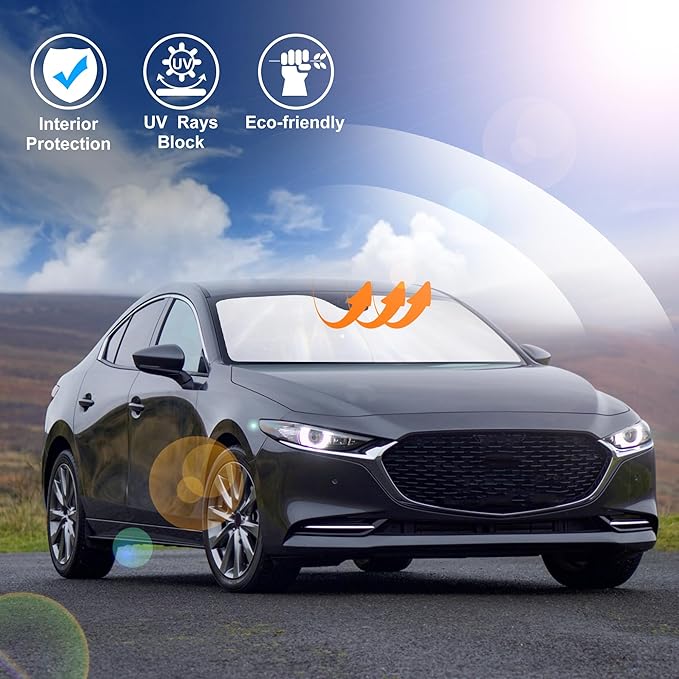 Windshield Sun Shade Fit for 2019-2024 2025 2026 Mazda 3 Accessories Mazda3 Hatchback/Sedan Window Shade Cover Foldable Sunshade Shield Blocker Keeps Cool