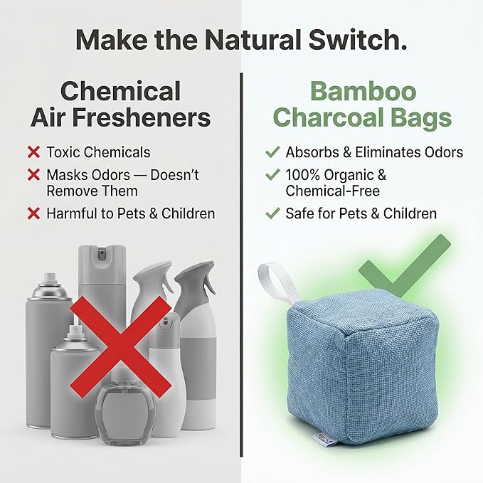 4 pack Naturally Activated Bamboo Charcoal Air Purifying Bags | Natural Home Deodorizer Bag | Charcoal Bag Odor Absorber For Pets | Odor Eliminator & Moisture Absorber Air Freshener Bag (100g Cube)