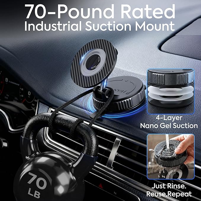 JEAN'VOUS Upgraded Magnetic Phone Holder for Car [70+ LBS Strongest Suction & 3000gf Magnetic], MagSafe Car Mount, Adjustable, 360° Dashboard Phone Holder for iPhone 17 16 15 14 13 12 & Android