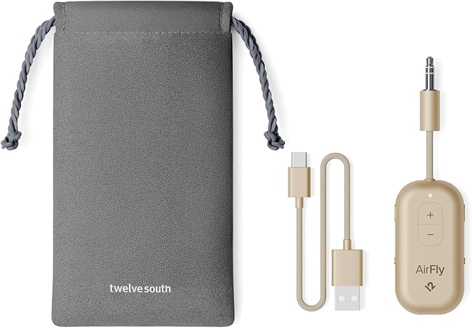 Twelve South AirFly Pro | Bluetooth Wireless Transmitter/Receiver Adapter for 2 Headphones, Audio Sharing, Compatible with 3.5mm aux Jack for Airplanes, TV, Gym, Stereo, and Travel, Gold