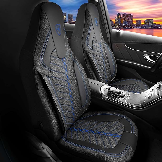 Premium Car Seat Covers Front Seat - Linen Car Seat Cover for SUV, Cars, Most Pickups, Black-Blue Stitching, Car Seat Protector, Car Seat Covers Front Seats, Car Seat Protector