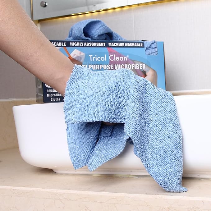 Tricol Clean 50PK Profesional Resuable Lint Free Microfiber Edgeless Cleaning Cloth Cleaning Rags,Absorbent Microfiber Wipes for Housekeeping, Car Cleaning(12 * 12 Inches) (blue1)