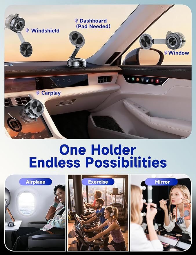 Vacuum Magnetic Phone Holders for Your Car [105+LBS Suction & 3800gf Magnetic] Magsafe Car Mount, 360° Adjustable Car Phone Holder Mount for Windshield/Mirror/Kitchen/Gym for iPhone & Android