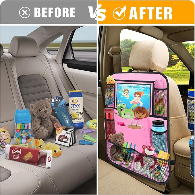 ULEEKA Car Backseat Organizer with 11" Table Holder, 10 Storage Pockets Seat Back Protectors Kick Mats for Kids Toddlers, Travel Accessories, 2 Pack, Pink