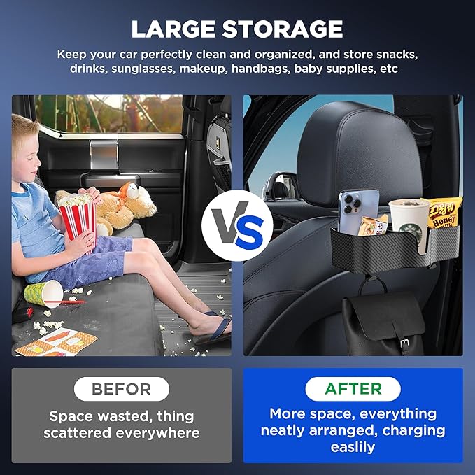 Car Headrest Backseat Organizer with Cup Holder,3 in 1 Backseat Cup Holder, Storage Box Organizer & Hooks for Car, for Hold Phone,Snacks, Drinks, Handbag, Compatible with Most Vehicles Black 2pcs (2)