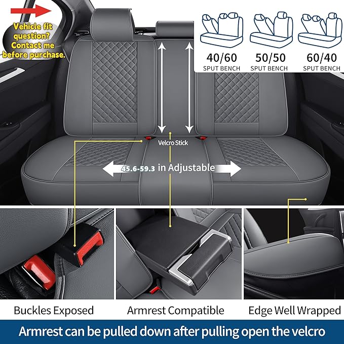 Chezope Car Seat Covers Full Set, Grey Leather Seat Covers, Breathable Front and Back Car Seat Protectors, Wear-Resistant Seat Covers Universal Fit for Most Cars SUV Truck (Grey-Diamonds, Full Set)
