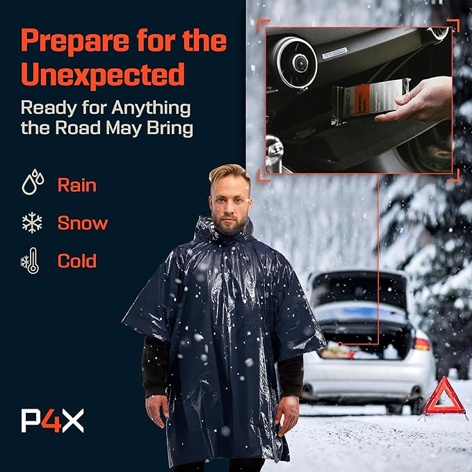 PREPARED4X Emergency Mylar Poncho – Survival Rain Poncho with Hood – Lightweight, Compact, Reusable Emergency Blanket Poncho for Hiking, Camping, Thermal Gear, Car Kit, Outdoors