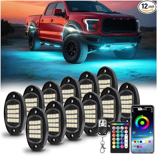 12 Pods RGBW LED Rock Lights for Truck Jeeps Trailer Off Road Van ATV UTV RV, Waterproof Multicolor Neon Underglow Kit with APP/RF Remote Control&Brake Red Function,12V Pure White Underbody Lights