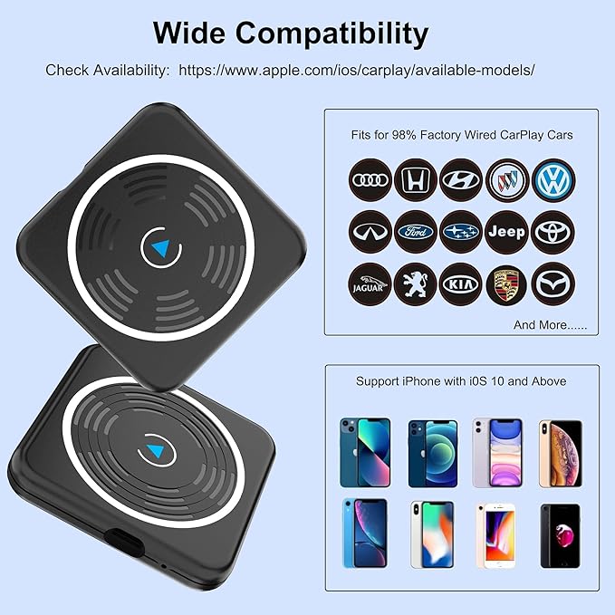 CarPlay Wireless Adapter, Wireless CarPlay Adapter for iPhone Converts Wired to Wireless CarPlay Dongle, Plug & Play Fit for Factory OEM Wired Apple CarPlay Cars from 2016 & iPhone iOS 10+
