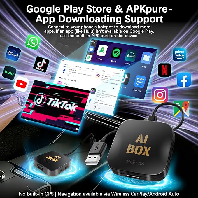 AI Box Carplay, 2+16GB Ai Magic Box for Streaming Netflix/YouTube/TikTok, Car Play Wireless Adapter Supports iPhone & Android Auto, Plug & Play, for Cars with OEM Wired CarPlay/Android Auto