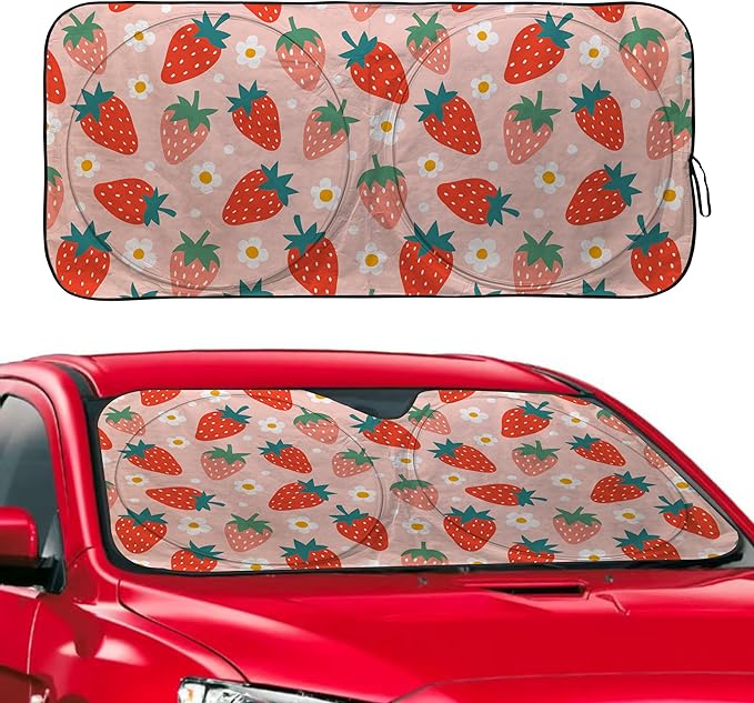 Pink Strawberry Windshield Sunshade for Car SUV Truck Foldable Uv Ray Reflector Front Window Sun Shade Visor Shield Cover -59" X 31"