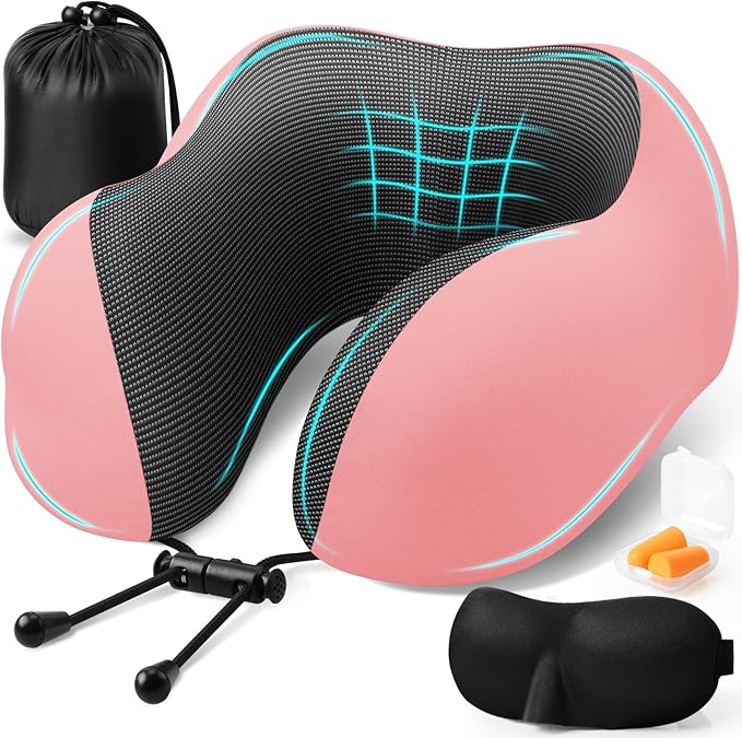 Travel Pillow, Travel Pillows for Sleeping Airplane, Neck Pillow Airplane, Memory Foam Neck Pillow Set with Eye Mask, Earplugs and Storage Bag -Pink