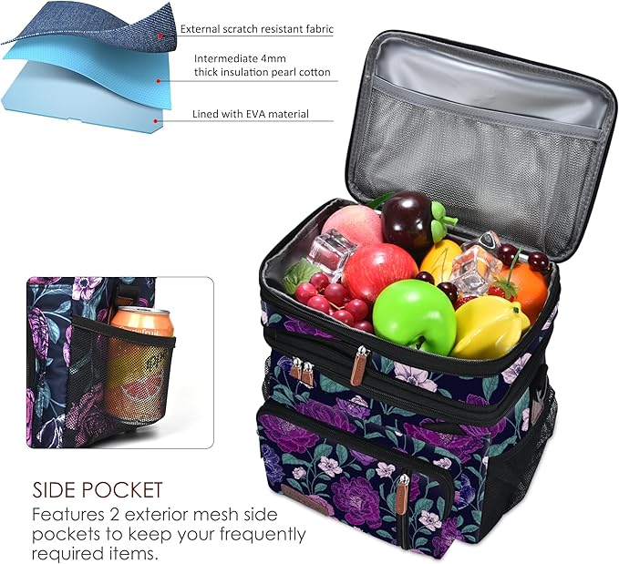 MIYCOO Lunch Bag & Lunch Box for Women Men, Double Deck Leakproof Insulated Soft Large Adult Camping Cooler bag for Work, Beach, Picnic, Travel (Purple Flower, 15L)
