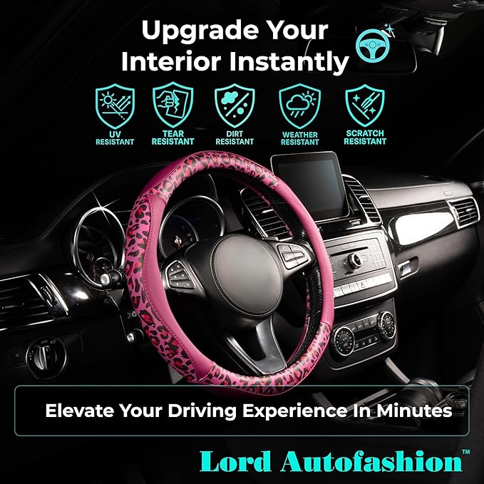 Lord Autofashion Steering Wheel Cover – PU Leather, Non-Slip Rubber Inner, All-Season Comfort – 14.5–15 Inch (Black/Pink Tiger 8684)