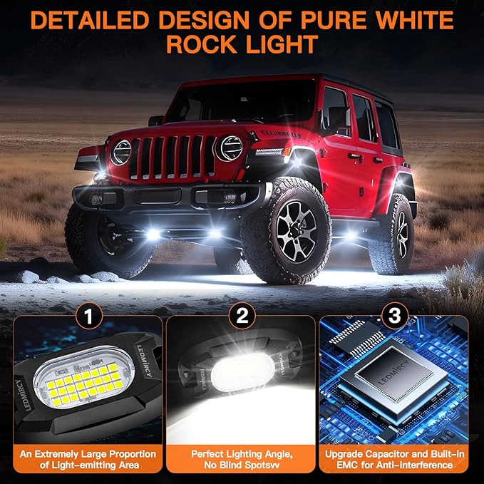 White Rock Lights,LEDMIRCY R6 LED Pure White Rock Lights 12PCS with Rocker Switch Wire Harness Kit for Trucks UTV Off Road Boat ATV Luces para Carro Super Bright High Power Light Waterproof Shockproof