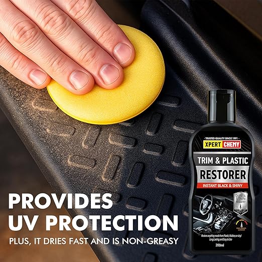 Plastic Restorer for Car with Foam Applicator, Black Trim Restorer, Bumpers and Rubber, Protects Against UV Rays, Long Lasting Shine, No Oily Residue