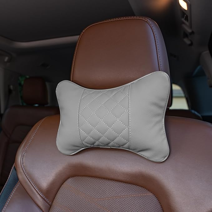 Set of 2 Quilted Faux Leather Car Headrest Pillow, Gray Case/Gray Threading, Ergonomic Neck Support for Comfortable Driving
