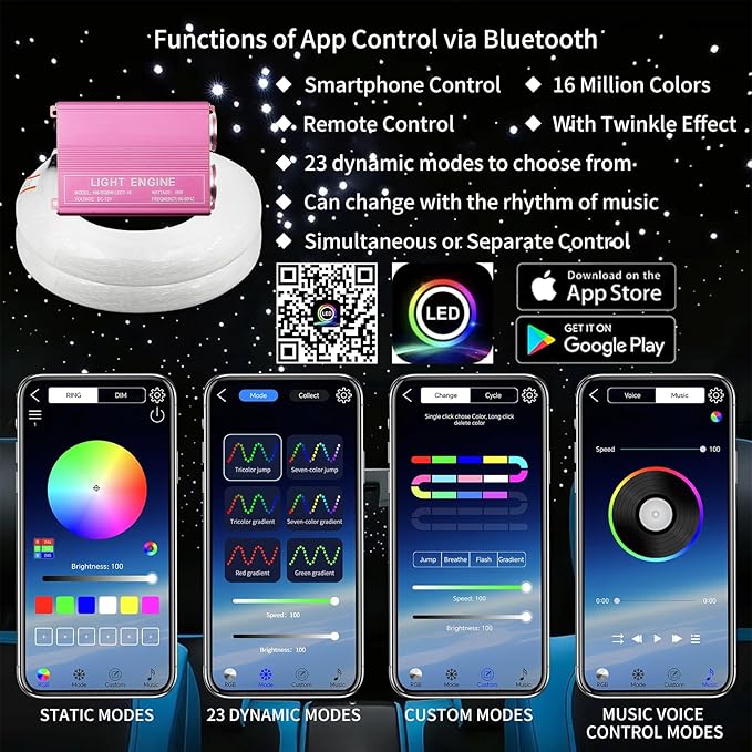 Starlight Headliner Kit, 16W RGBW Dual Head Twinkle & Music Effect, 900pcs (0.03+0.04+0.06in) 9.8ft, Fiber Optic Lights Kit Star Lights for Car Ceiling Home, APP & Remote