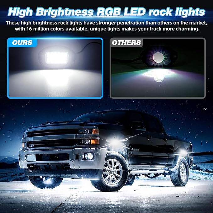 4 Pods Alloy RGB LED Rock Lights for ATV UTV RZR SUV SXS Golf Cart Trucks Car, Metal Waterproof Multicolor Underglow Kit with APP/RF Dual Remote Control Music Sync Brake Light, Neon Underbody 12V