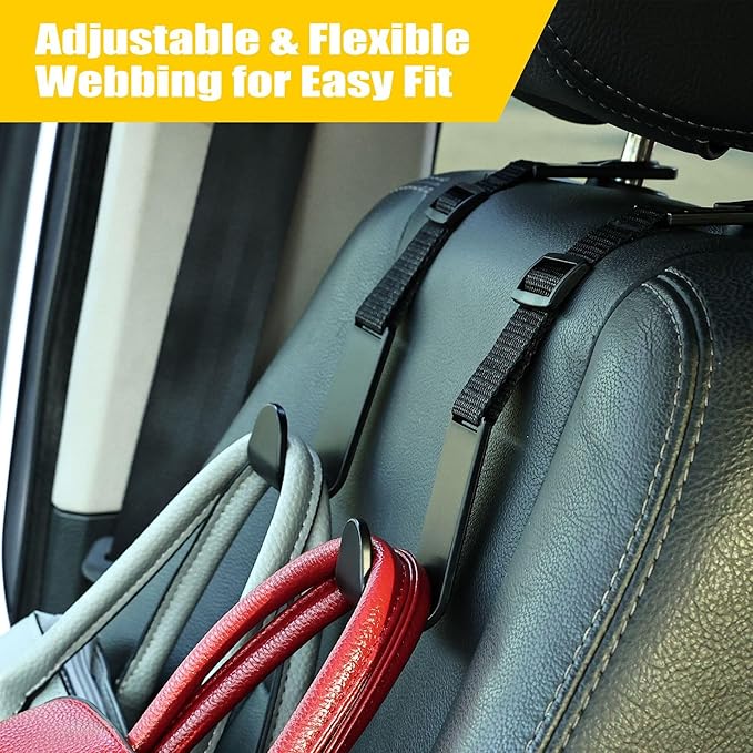 KOOPAO Adjustable Car Seat Headrest Hook, 4 Pack Universal Car Storage Headrest Hanger Holder Hooks, Vehicle Strong and Durable Backseat Hanger for Handbag Purse Coat and Bag