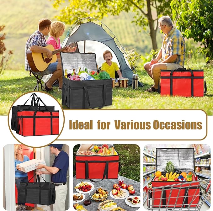 PEASUG 2 Pcs Insulated Bags for Food Delivery, XXXL Pizza Delivery Bags, Large Capacity Cooler Bag Keep Food Warm for Grocery Shopping and Catering, Foldable, Heavy-Duty (Red+ Black)